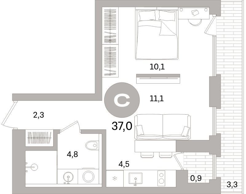 Квартира-студия, 37 м² в ЖК "Северный ветер" - планировка, фото №1