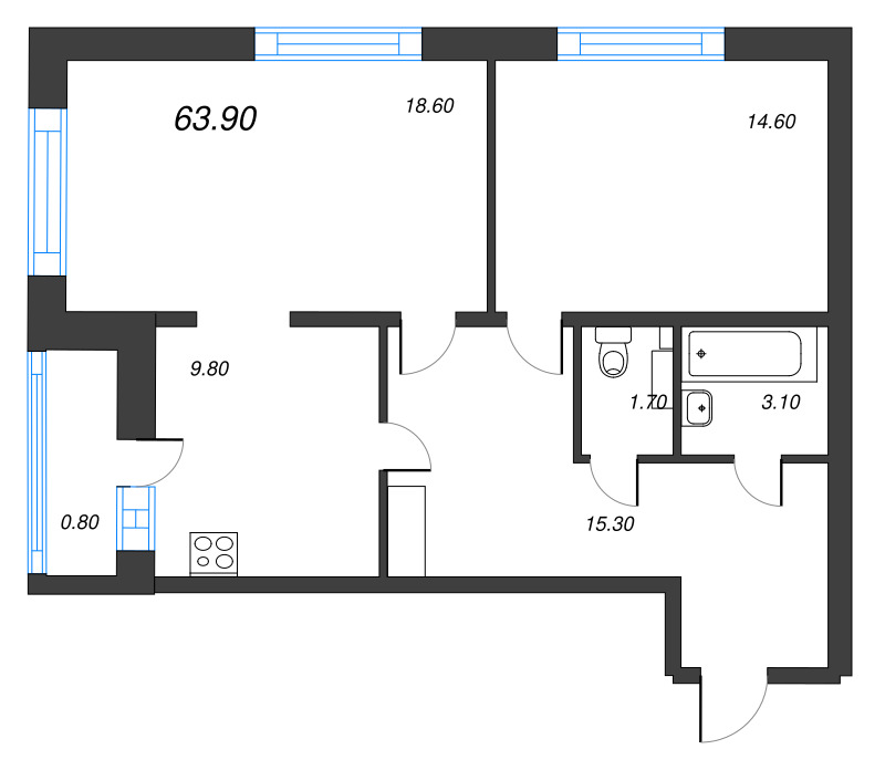 2-комнатная квартира, 63.88 м² - планировка, фото №1