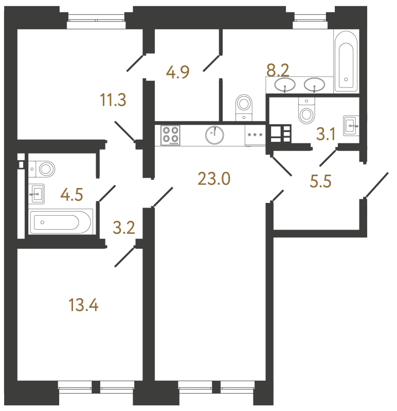 3-комнатная (Евро) квартира, 77.1 м² в ЖК "Коллекционер" - планировка, фото №1