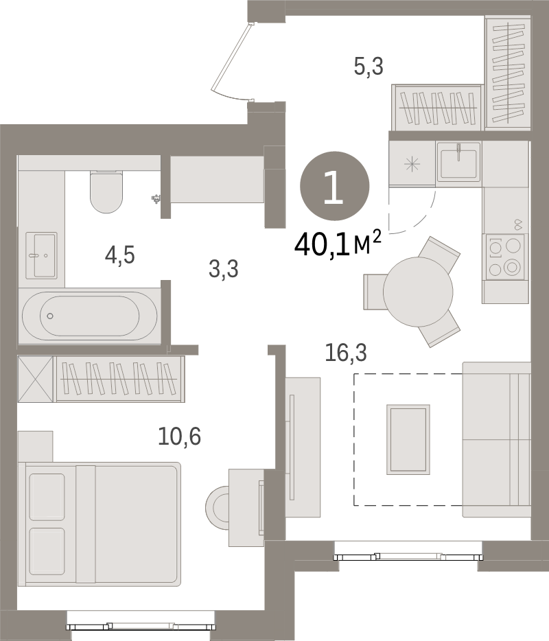 2-комнатная (Евро) квартира, 40.1 м² в ЖК "Брусника в Новоселье" - планировка, фото №1