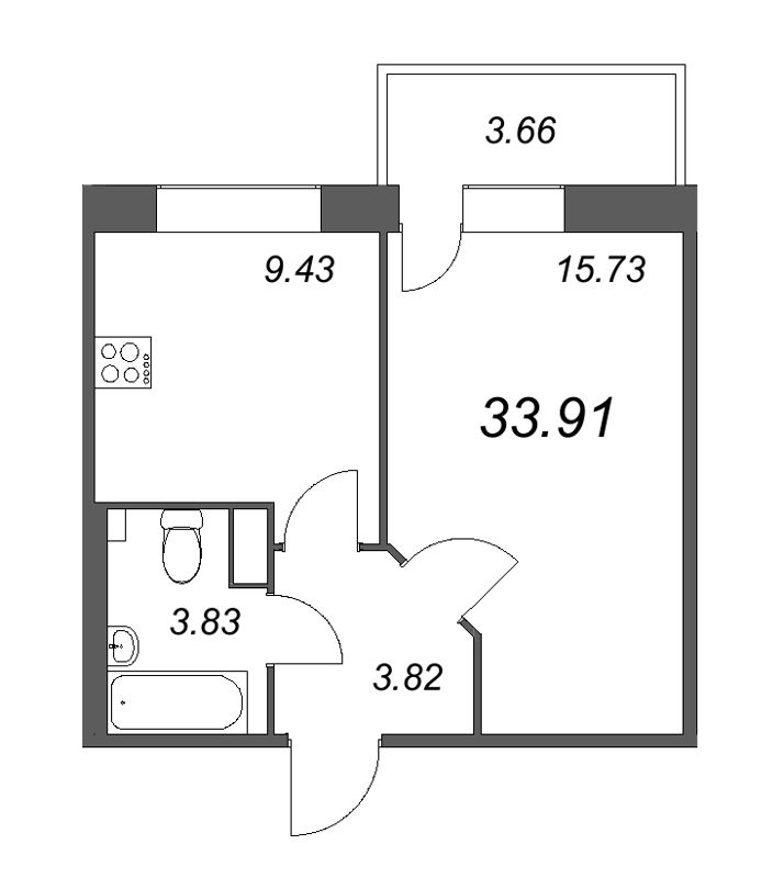 1-комнатная квартира, 33.91 м² - планировка, фото №1