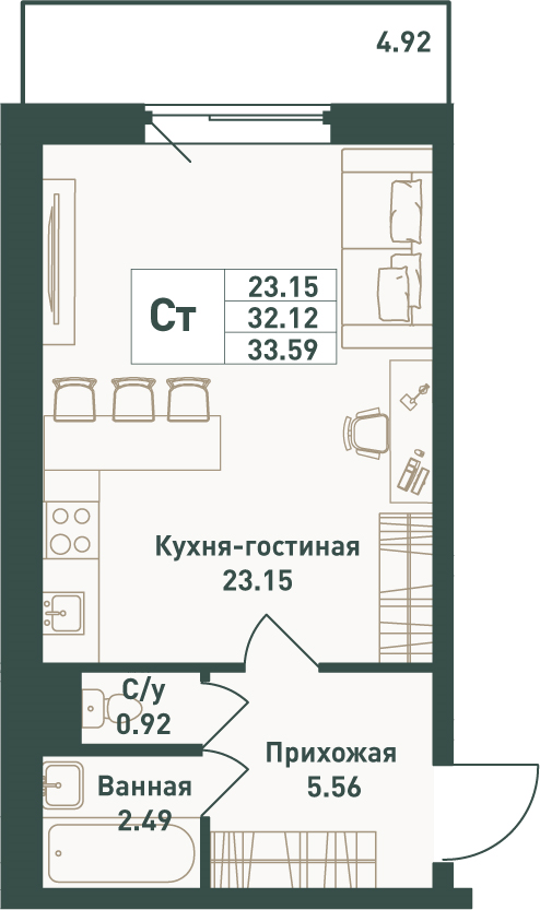 Квартира-студия, 33.59 м² в ЖК "Тандем" - планировка, фото №1