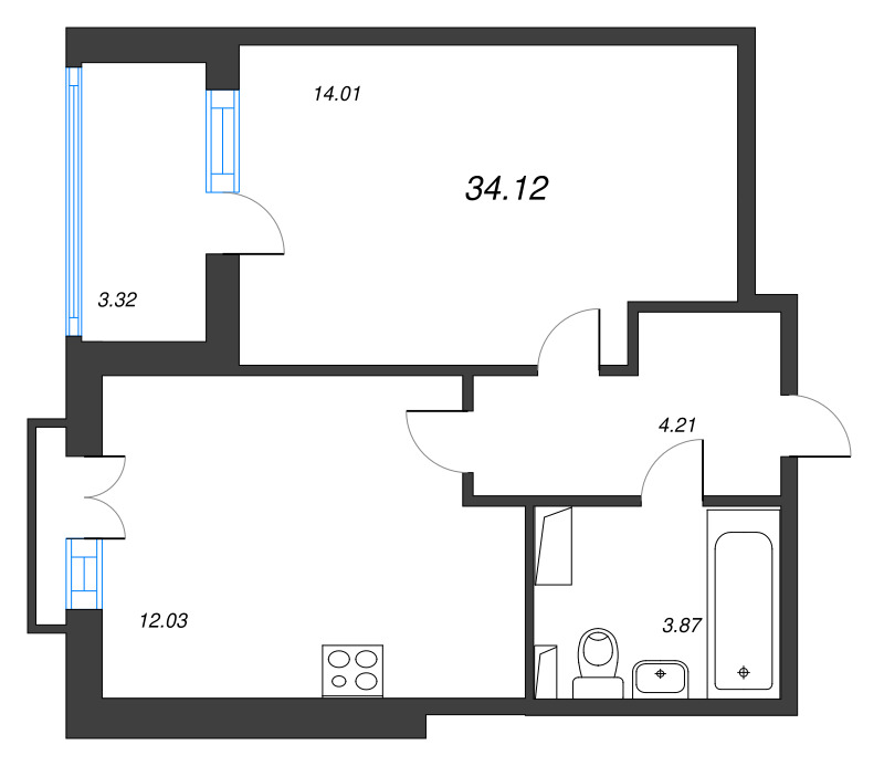 1-комнатная квартира, 34.12 м² в ЖК "Любоград" - планировка, фото №1