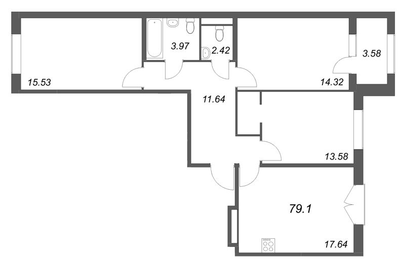 4-комнатная (Евро) квартира, 79.1 м² в ЖК "Дубровский" - планировка, фото №1