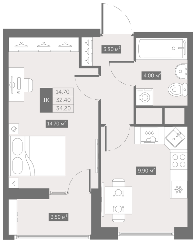 1-комнатная квартира, 34.2 м² - планировка, фото №1