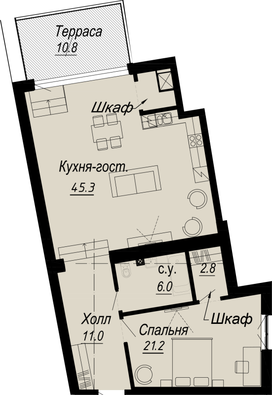 1-комнатная квартира, 91.7 м² - планировка, фото №1