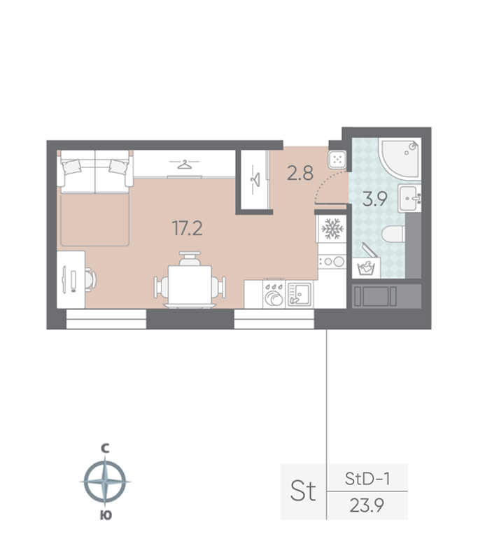 Квартира-студия, 23.9 м² в ЖК "Большая Охта" - планировка, фото №1