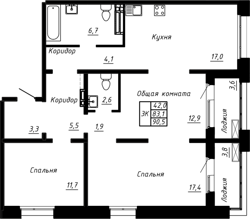 4-комнатная (Евро) квартира, 90.5 м² в ЖК "Сибирь" - планировка, фото №1