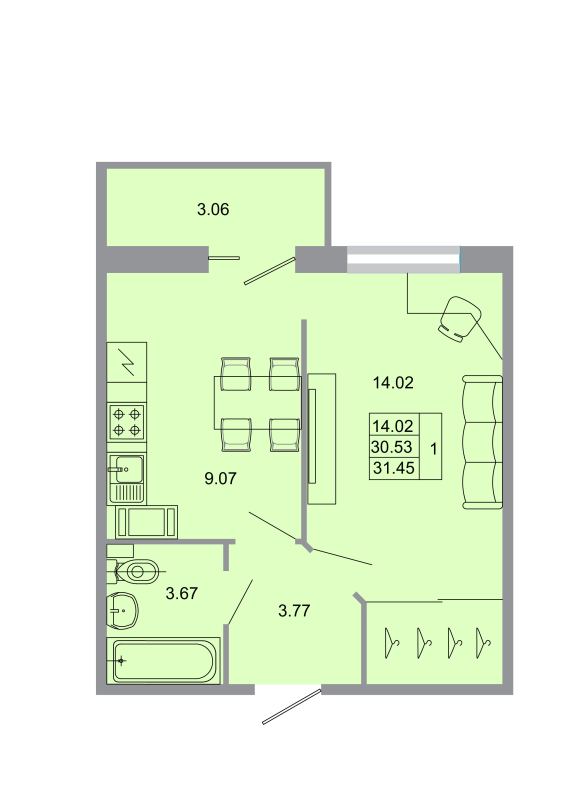 1-комнатная квартира, 31 м² - планировка, фото №1