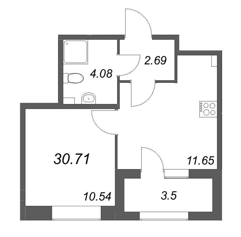 1-комнатная квартира, 30.71 м² в ЖК "Гранат" - планировка, фото №1
