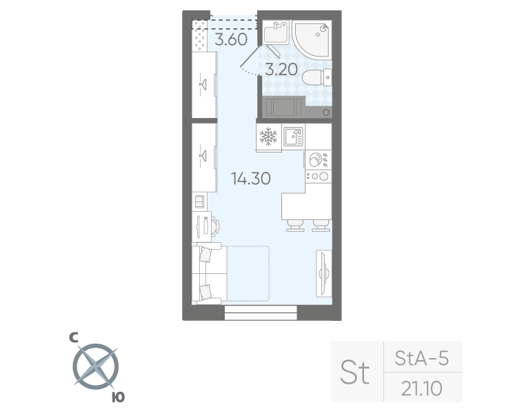 Квартира-студия, 21.1 м² в ЖК "Ручьи" - планировка, фото №1