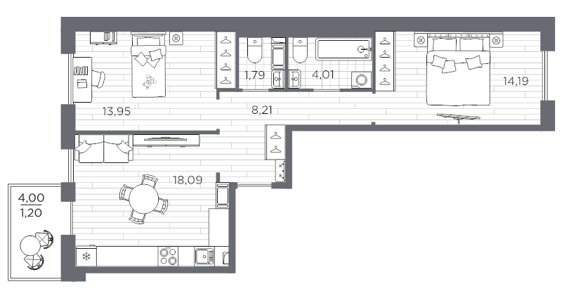 3-комнатная (Евро) квартира, 61.44 м² в ЖК "Сезоны" - планировка, фото №1