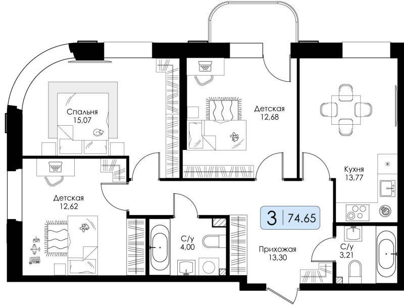 3-комнатная квартира, 74.65 м² в ЖК "Всевгород" - планировка, фото №1