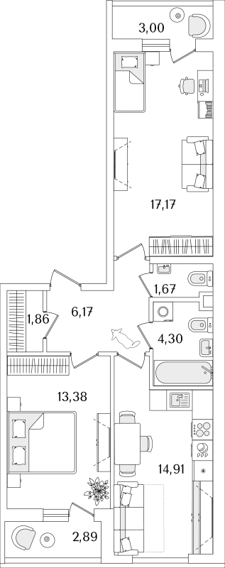 2-комнатная квартира, 62.41 м² - планировка, фото №1