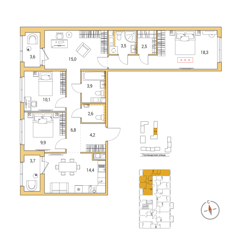 4-комнатная квартира, 94.9 м² в ЖК "Янила Форест" - планировка, фото №1