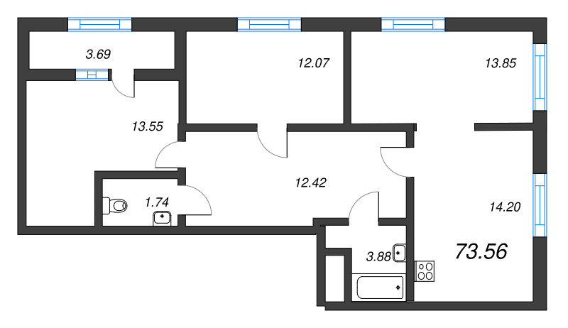 3-комнатная квартира, 73.7 м² - планировка, фото №1