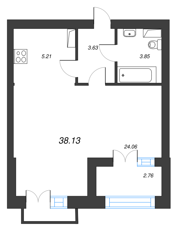 1-комнатная квартира, 38.13 м² - планировка, фото №1
