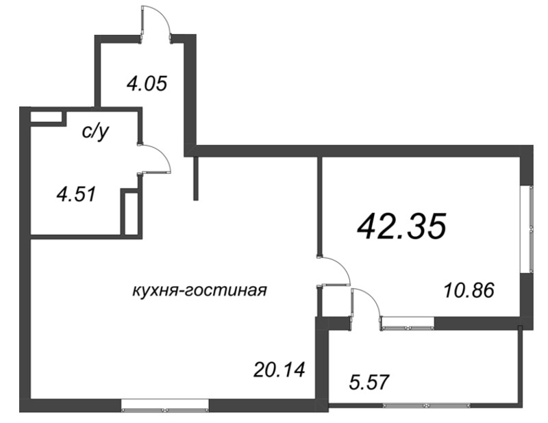2-комнатная (Евро) квартира, 45.13 м² - планировка, фото №1