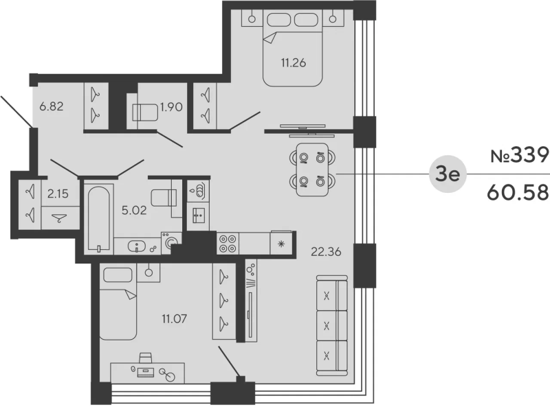 3-комнатная (Евро) квартира, 60.58 м² в ЖК "Bashni Element" - планировка, фото №1