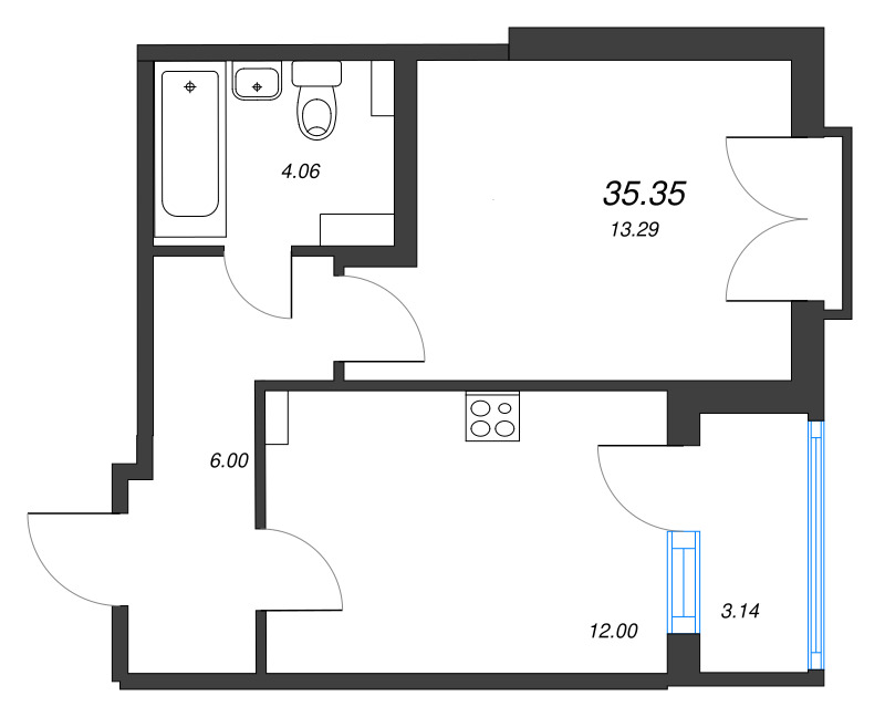 1-комнатная квартира, 35.35 м² в ЖК "Любоград" - планировка, фото №1