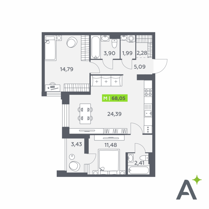 3-комнатная (Евро) квартира, 68.05 м² в ЖК "Аквилон Verba" - планировка, фото №1