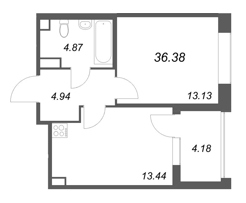 1-комнатная квартира, 36.38 м² в ЖК "Дом на Курской" - планировка, фото №1
