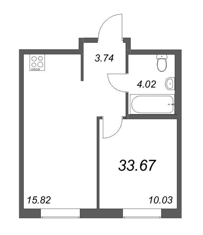 2-комнатная (Евро) квартира, 33.67 м² в ЖК "Новые горизонты" - планировка, фото №1