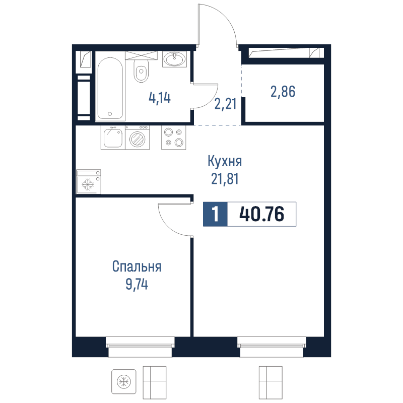 2-комнатная (Евро) квартира, 40.76 м² в ЖК "Максималист" - планировка, фото №1
