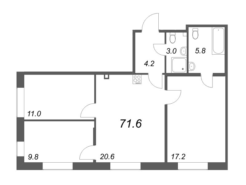 4-комнатная (Евро) квартира, 71.6 м² в ЖК "Парусная 1" - планировка, фото №1