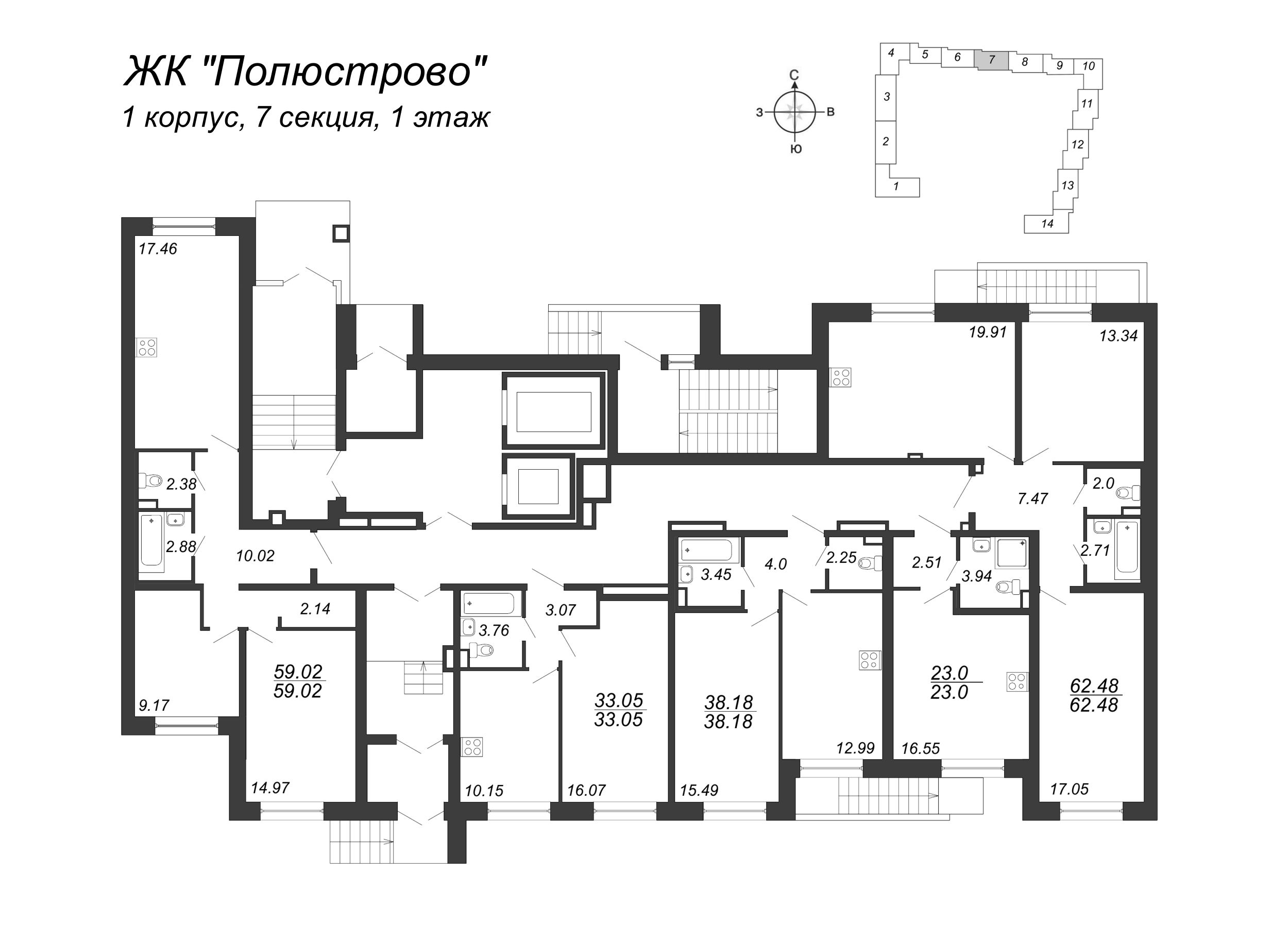 Квартира-студия, 23 м² в ЖК "Полюстрово" - планировка этажа