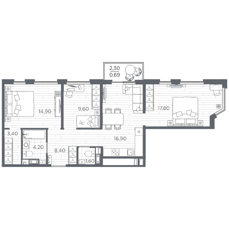 4-комнатная (Евро) квартира, 77.49 м² в ЖК "PLUS Пулковский" - планировка, фото №1