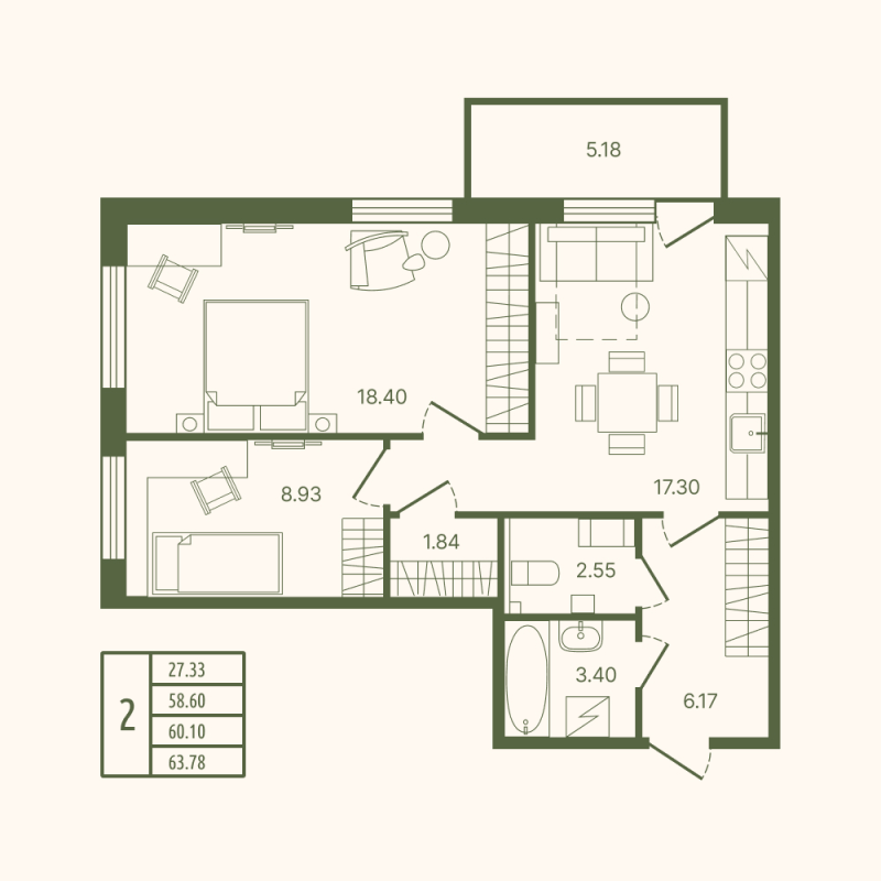 3-комнатная (Евро) квартира, 60.1 м² в ЖК "Рауни" - планировка, фото №1
