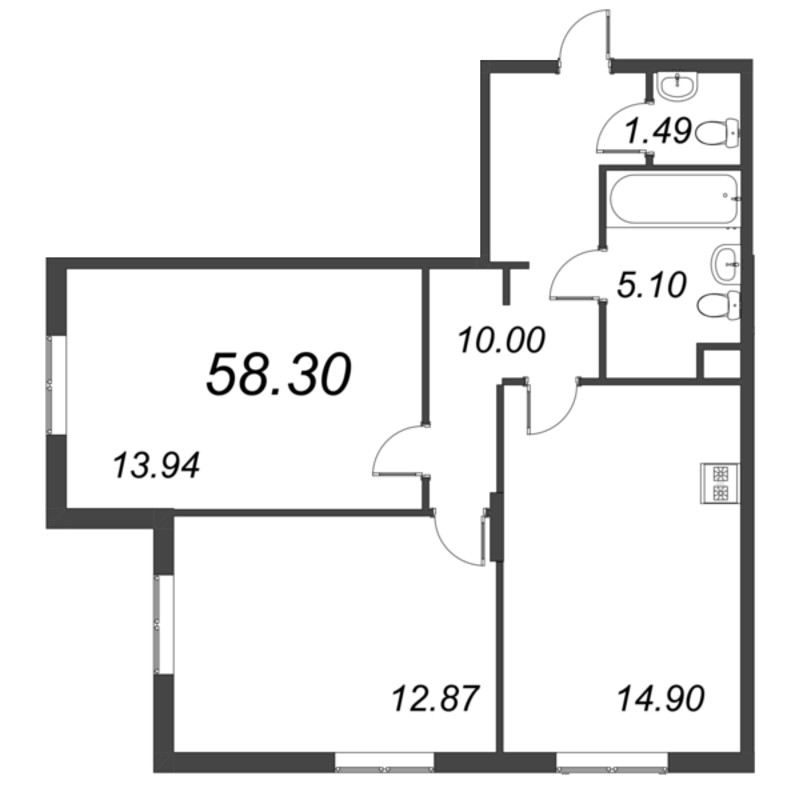 3-комнатная (Евро) квартира, 58.3 м² в ЖК "VEREN NORT сертолово" - планировка, фото №1