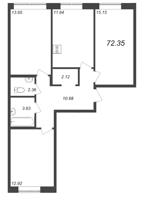 3-комнатная квартира, 72.35 м² в ЖК "ID Kudrovo" - планировка, фото №1