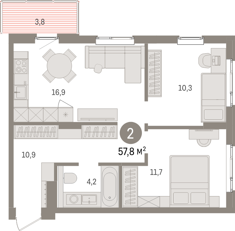 3-комнатная (Евро) квартира, 57.8 м² в ЖК "Брусника в Новоселье" - планировка, фото №1