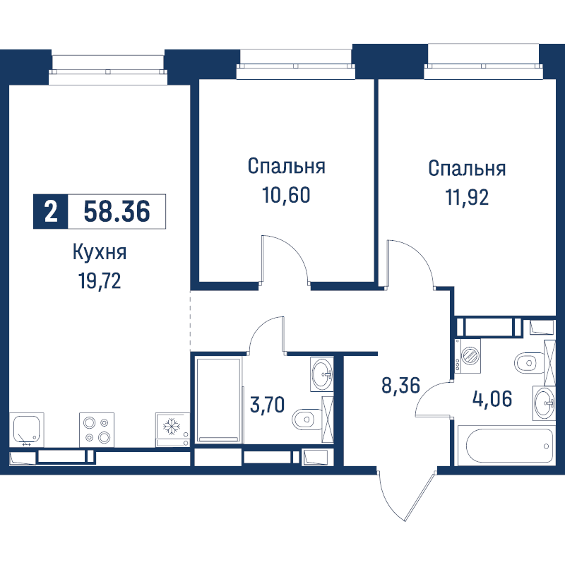 3-комнатная (Евро) квартира, 58.36 м² в ЖК "Символист" - планировка, фото №1