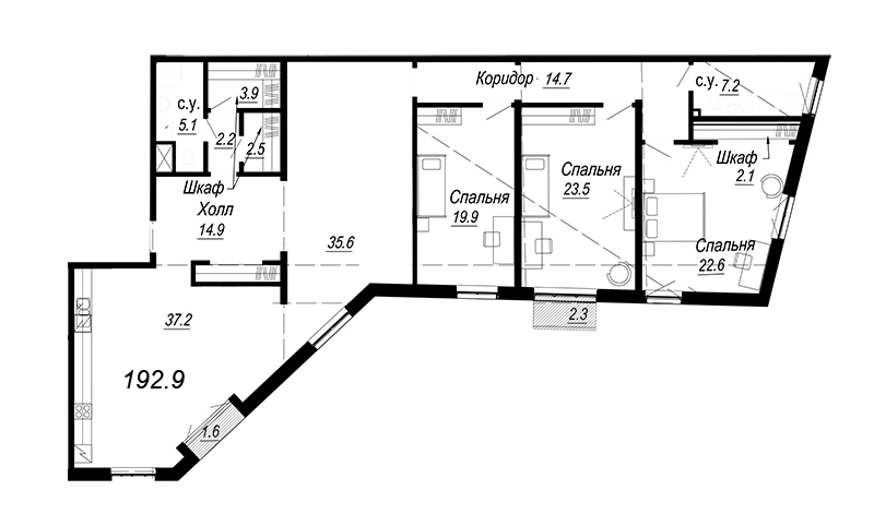 5-комнатная (Евро) квартира, 198.05 м² - планировка, фото №1