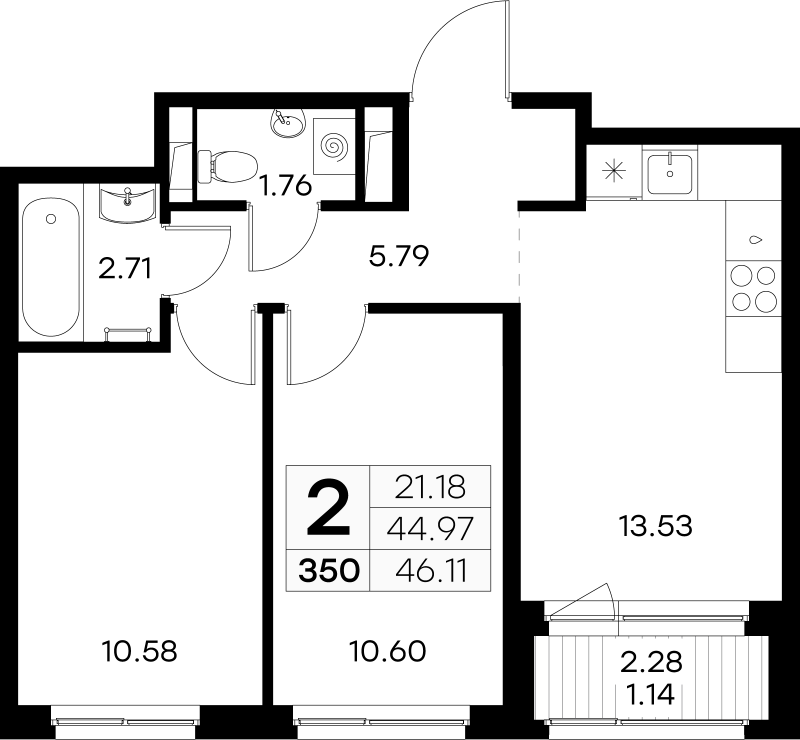 2-комнатная квартира, 46.11 м² - планировка, фото №1
