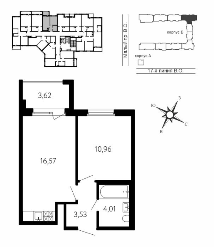 2-комнатная (Евро) квартира, 36.16 м² в ЖК "17-я линия" - планировка, фото №1