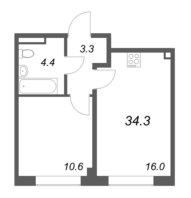 2-комнатная (Евро) квартира, 34.3 м² в ЖК "Пулково Лейк" - планировка, фото №1