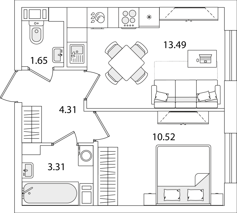 1-комнатная квартира, 33.28 м² в ЖК "Кинопарк" - планировка, фото №1