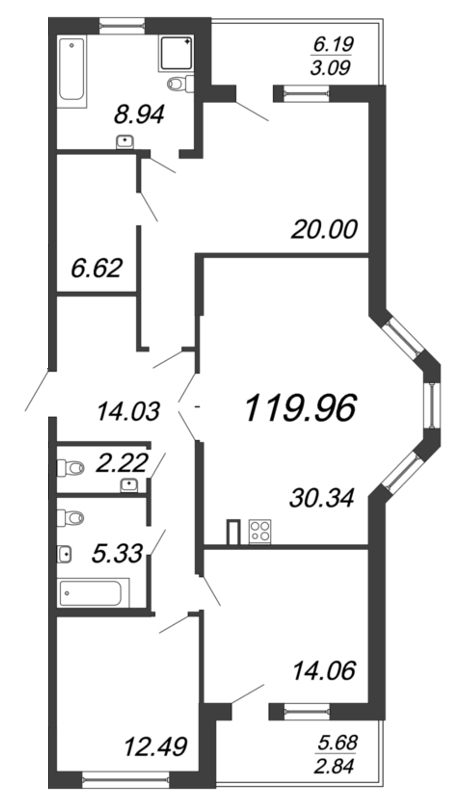 4-комнатная (Евро) квартира, 120.6 м² - планировка, фото №1