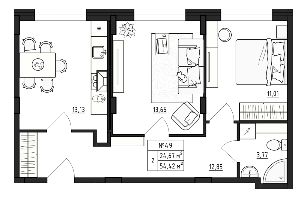 2-комнатная квартира, 54.42 м² в ЖК "Верево Сити" - планировка, фото №1