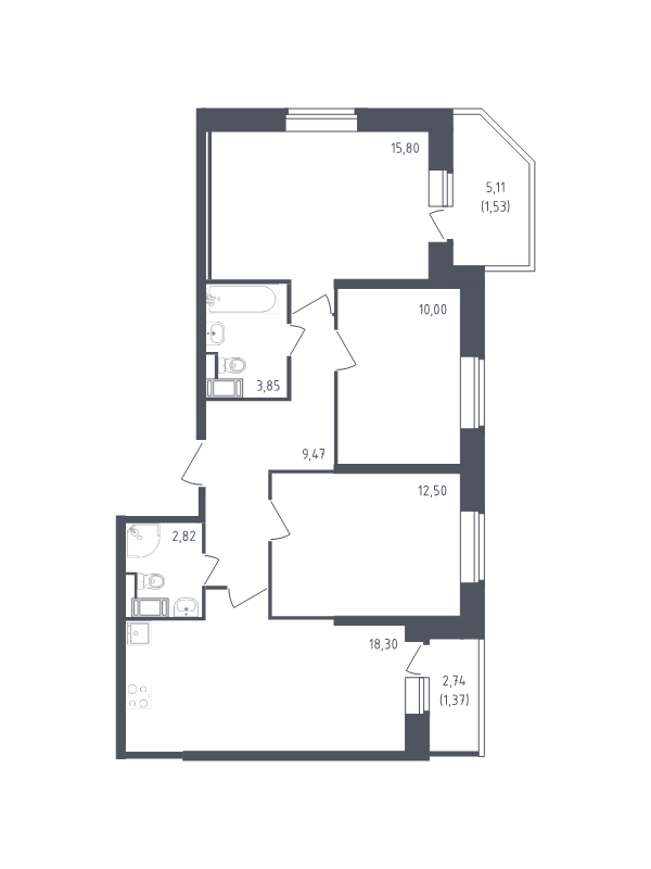 4-комнатная (Евро) квартира, 75.64 м² - планировка, фото №1