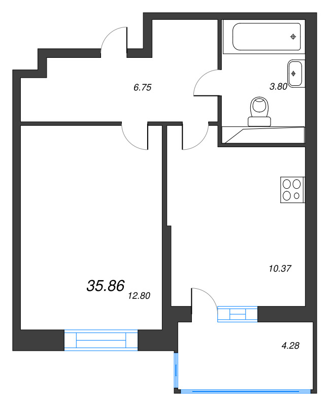 1-комнатная квартира, 35.86 м² - планировка, фото №1
