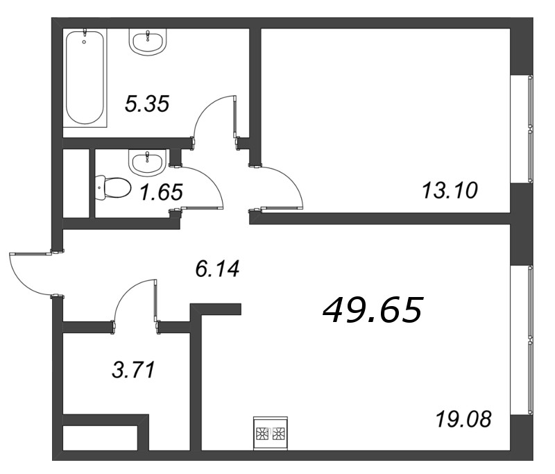 2-комнатная (Евро) квартира, 50.1 м² - планировка, фото №1
