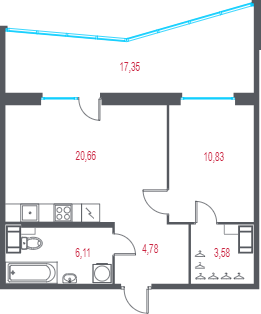 2-комнатная (Евро) квартира, 51.17 м² в ЖК "Город-спутник Южный" - планировка, фото №1
