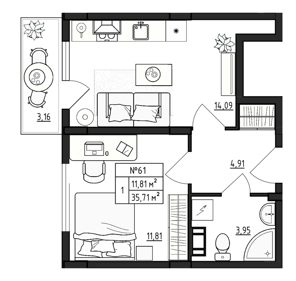 1-комнатная квартира, 35.71 м² - планировка, фото №1