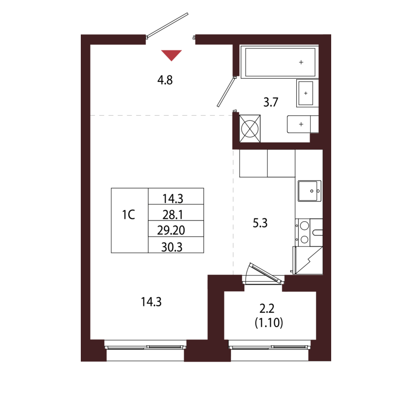 Квартира-студия, 29.2 м² в ЖК "Лисино" - планировка, фото №1