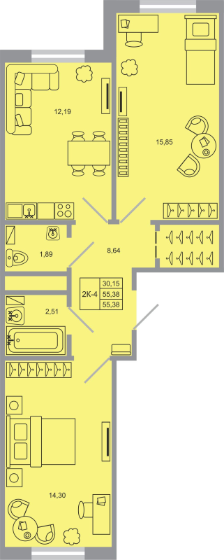 2-комнатная квартира, 55.38 м² - планировка, фото №1